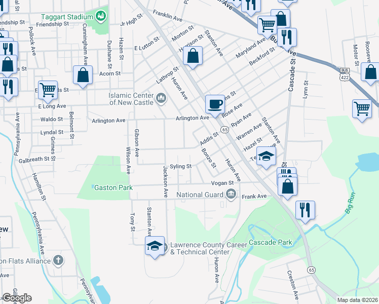 map of restaurants, bars, coffee shops, grocery stores, and more near 774 Addis St in New Castle