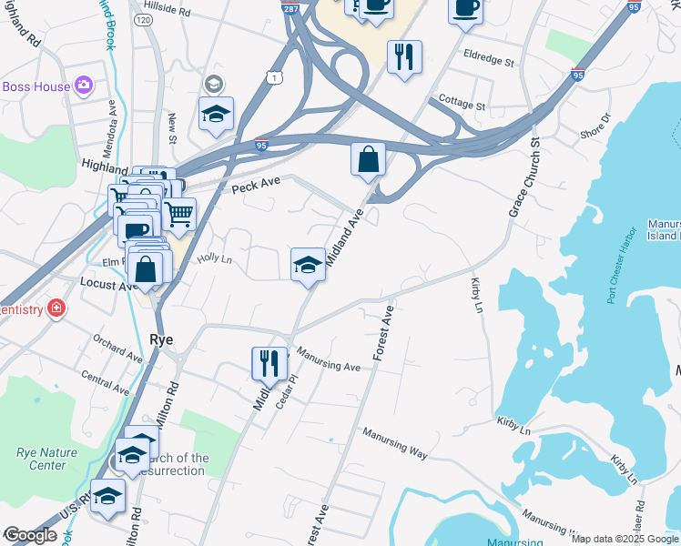 map of restaurants, bars, coffee shops, grocery stores, and more near 506 Midland Avenue in Rye