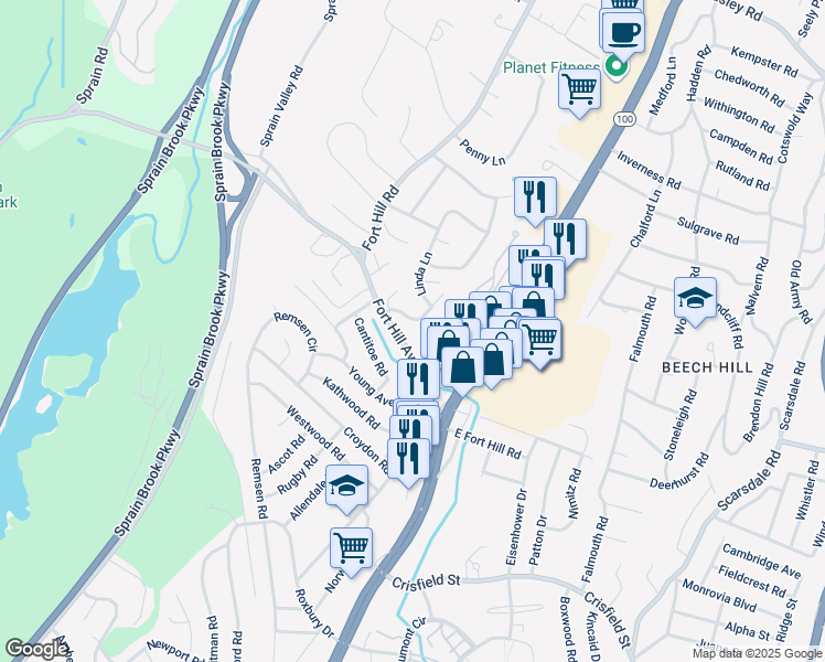 map of restaurants, bars, coffee shops, grocery stores, and more near 74 Fort Hill Avenue in Yonkers