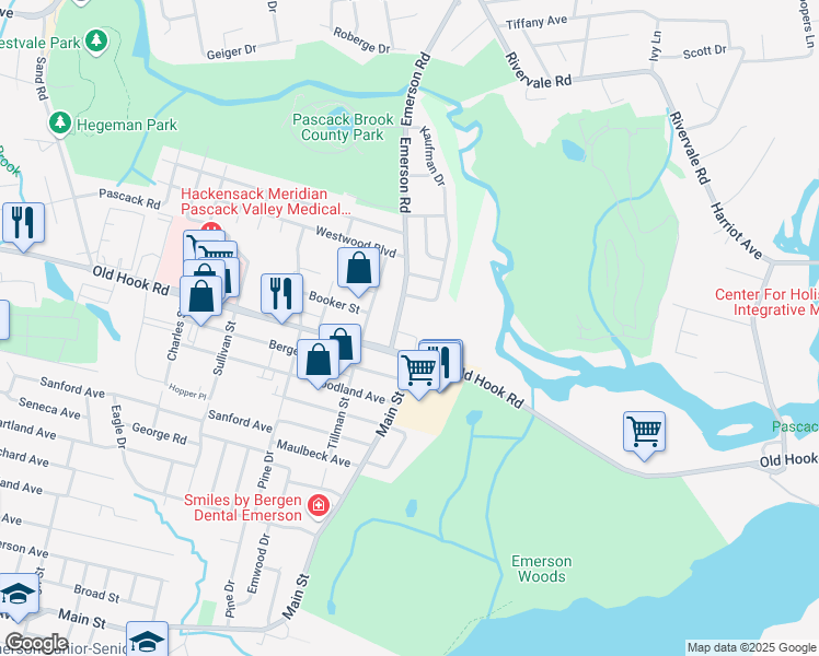 map of restaurants, bars, coffee shops, grocery stores, and more near 25 Emerson Road in Westwood