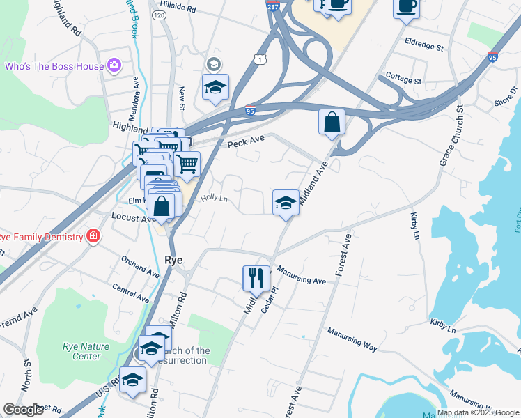 map of restaurants, bars, coffee shops, grocery stores, and more near 20 Thistle Lane in Rye