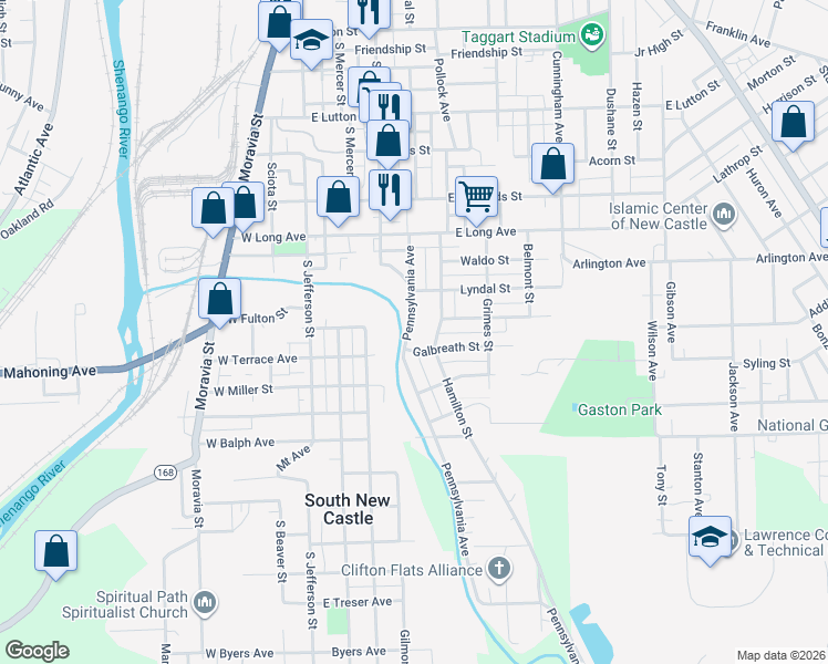 map of restaurants, bars, coffee shops, grocery stores, and more near 1607 Pennsylvania Avenue in New Castle
