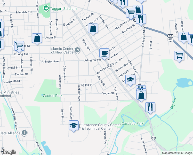 map of restaurants, bars, coffee shops, grocery stores, and more near 1509 Thorpe Street in New Castle