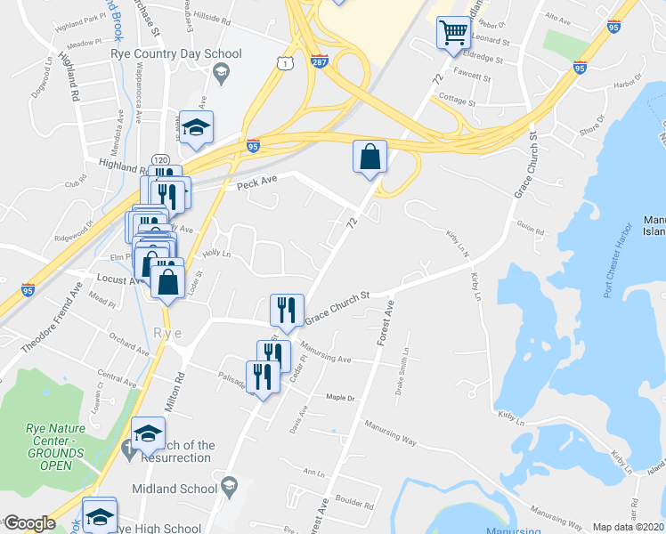 map of restaurants, bars, coffee shops, grocery stores, and more near 506 Midland Avenue in Rye