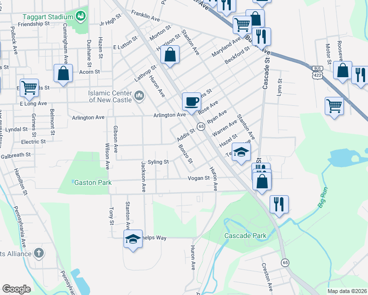 map of restaurants, bars, coffee shops, grocery stores, and more near 1509 Thorpe Street in New Castle