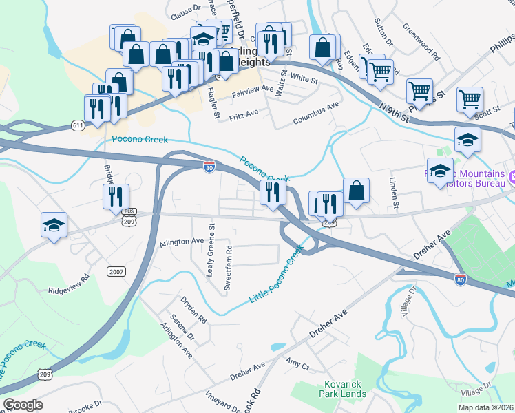 map of restaurants, bars, coffee shops, grocery stores, and more near 16 Hazel St in Stroudsburg