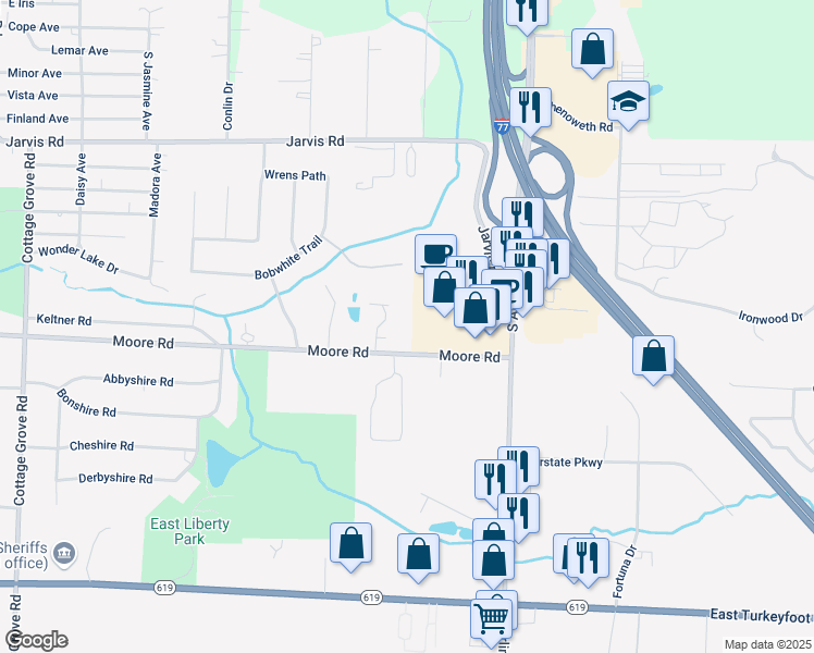 map of restaurants, bars, coffee shops, grocery stores, and more near 721 Moore Road in Akron
