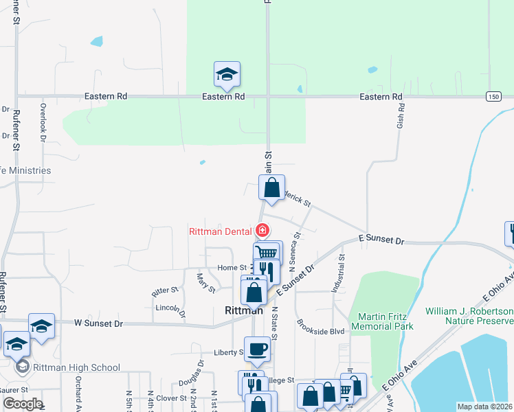 map of restaurants, bars, coffee shops, grocery stores, and more near 377 North Main Street in Wadsworth