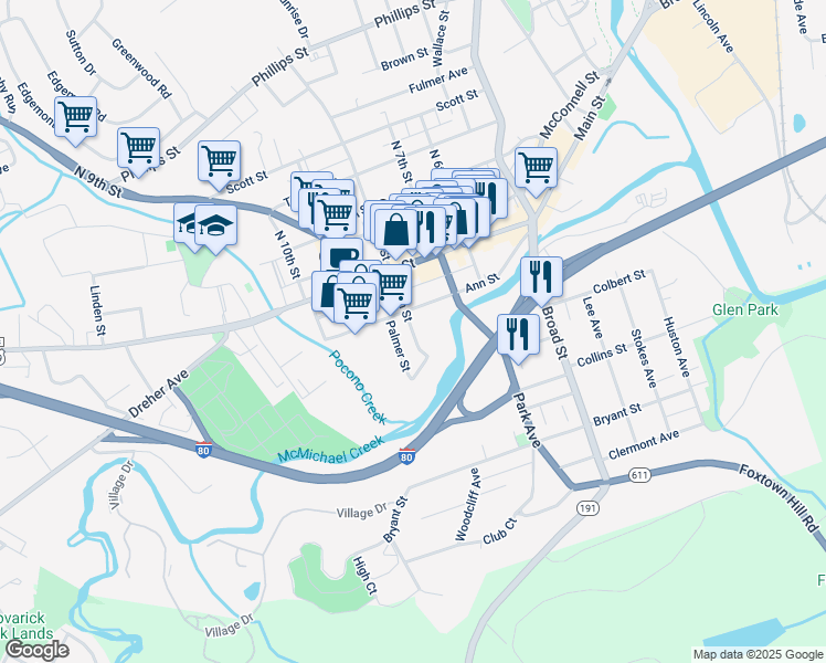 map of restaurants, bars, coffee shops, grocery stores, and more near 111 S 8th St in Stroudsburg
