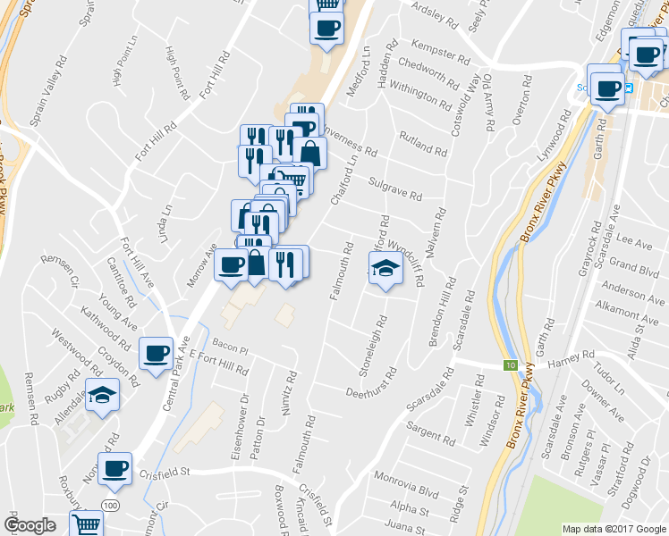map of restaurants, bars, coffee shops, grocery stores, and more near 221 Falmouth Road in Scarsdale