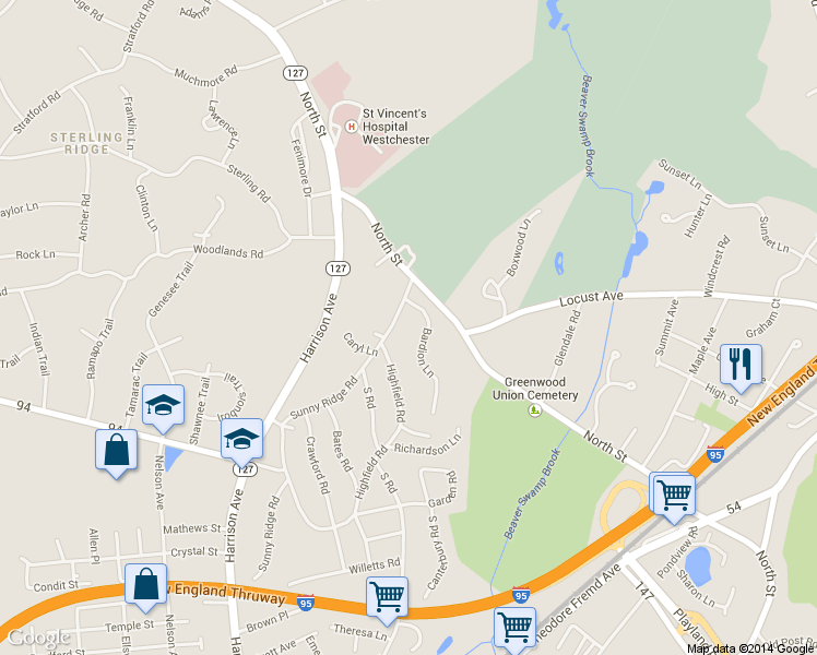 map of restaurants, bars, coffee shops, grocery stores, and more near 243 Sunny Ridge Road in Harrison