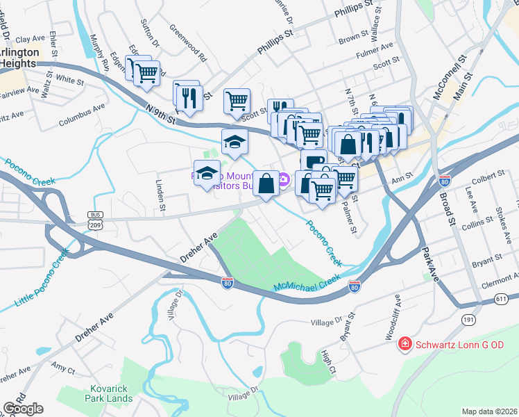 map of restaurants, bars, coffee shops, grocery stores, and more near 92 Waverly Drive in Stroudsburg