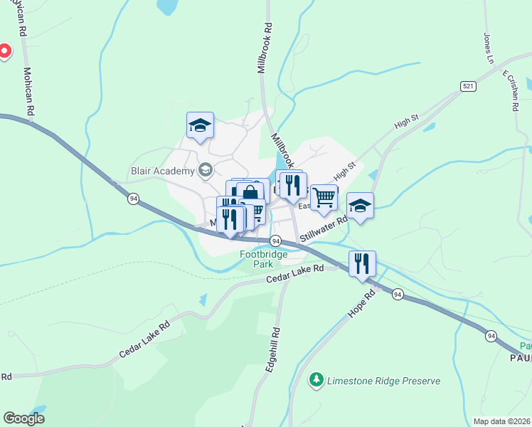 map of restaurants, bars, coffee shops, grocery stores, and more near 11 Main Street in Hackettstown
