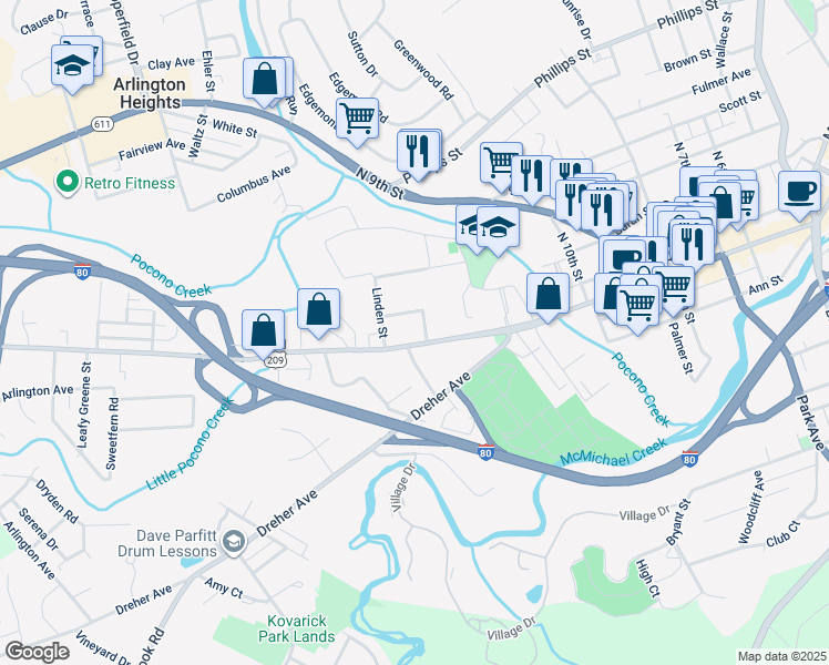 map of restaurants, bars, coffee shops, grocery stores, and more near 1122 West Main Street in Stroudsburg