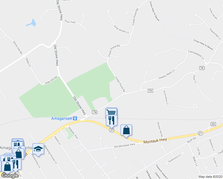 map of restaurants, bars, coffee shops, grocery stores, and more near 83 Abrahams Landing Road in Amagansett