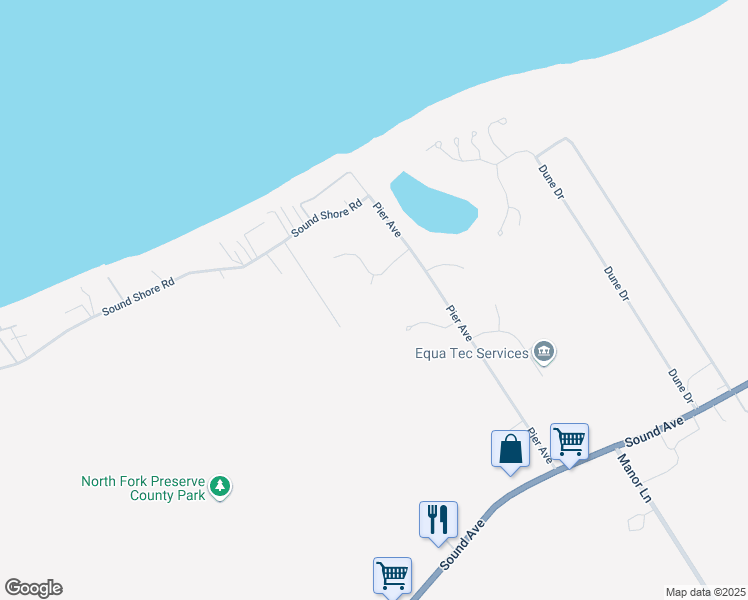 map of restaurants, bars, coffee shops, grocery stores, and more near 39 Smugglers Path in Riverhead