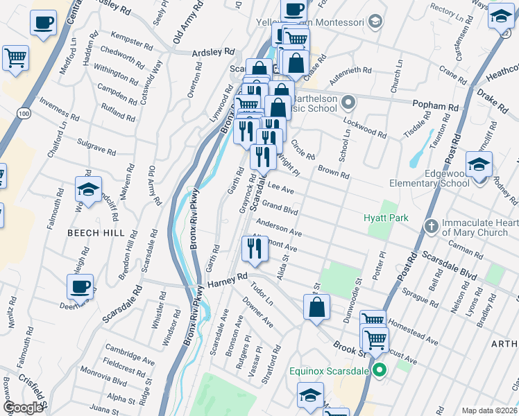 map of restaurants, bars, coffee shops, grocery stores, and more near 24 Grand Boulevard in Scarsdale