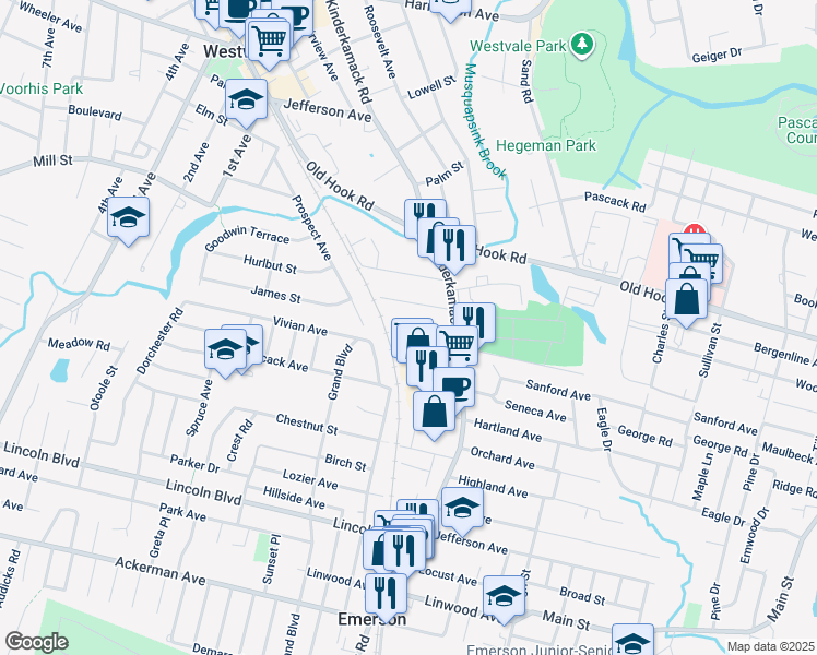 map of restaurants, bars, coffee shops, grocery stores, and more near 47 Green Street in Westwood