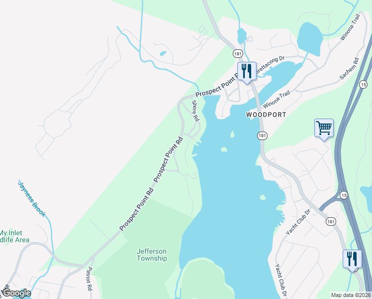 map of restaurants, bars, coffee shops, grocery stores, and more near 18 Shore Road in Jefferson