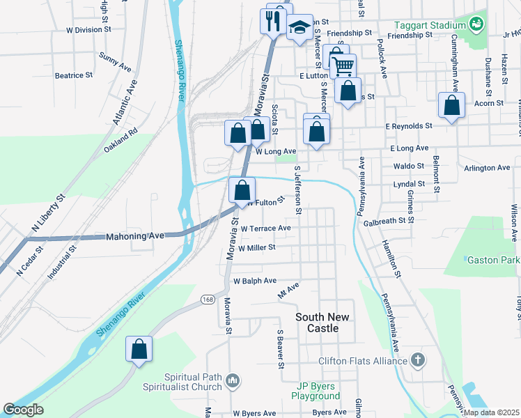 map of restaurants, bars, coffee shops, grocery stores, and more near 105 1/2 West Fulton Street in New Castle