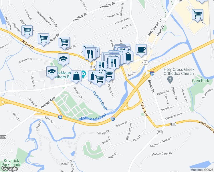 map of restaurants, bars, coffee shops, grocery stores, and more near 819 Ann St in Stroudsburg