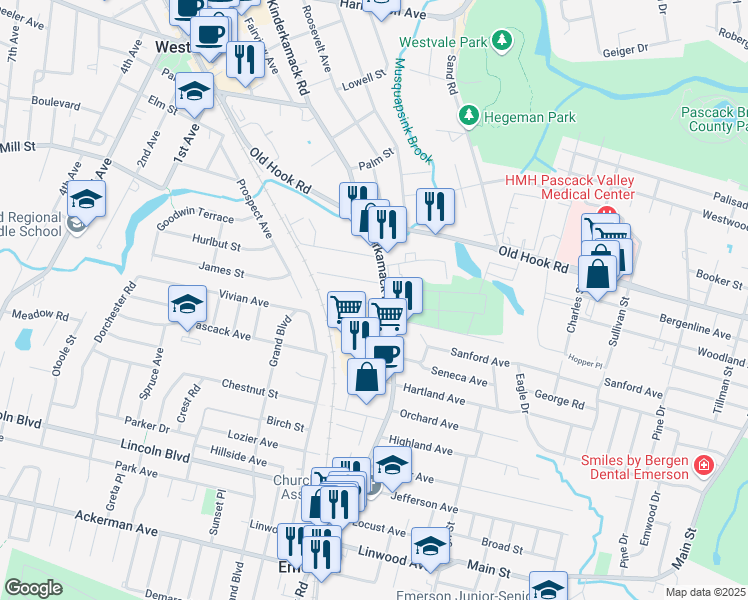 map of restaurants, bars, coffee shops, grocery stores, and more near 20 Kinderkamack Road in Westwood