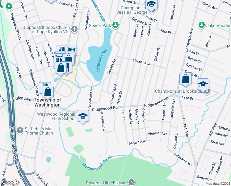 map of restaurants, bars, coffee shops, grocery stores, and more near 257 Colonial Boulevard in Township of Washington