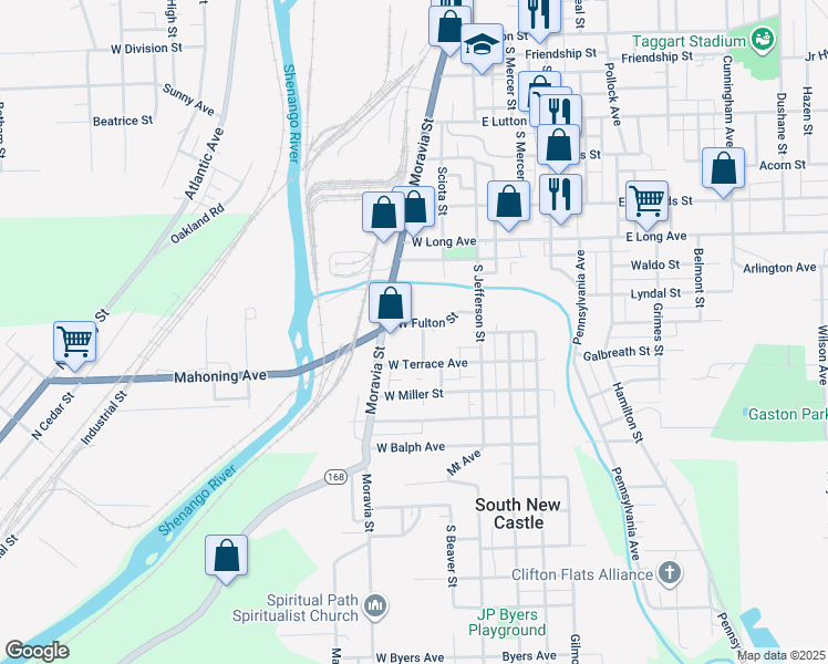 map of restaurants, bars, coffee shops, grocery stores, and more near 105 1/2 West Fulton Street in New Castle