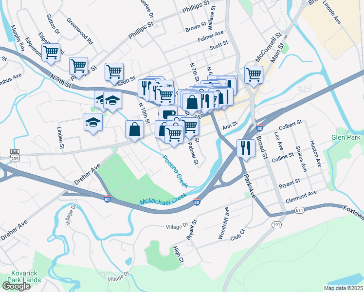 map of restaurants, bars, coffee shops, grocery stores, and more near 825 Ann Street in Stroudsburg