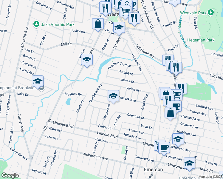 map of restaurants, bars, coffee shops, grocery stores, and more near 24 Chandler Drive in Emerson