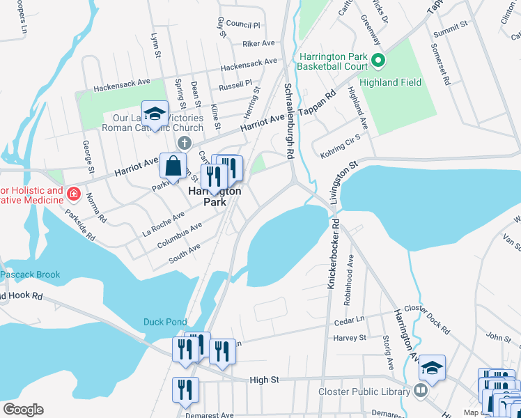 map of restaurants, bars, coffee shops, grocery stores, and more near 106 Schraalenburgh Rd in Harrington Park