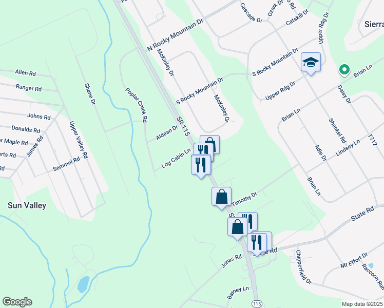 map of restaurants, bars, coffee shops, grocery stores, and more near 103 Log Cabin Lane in Effort