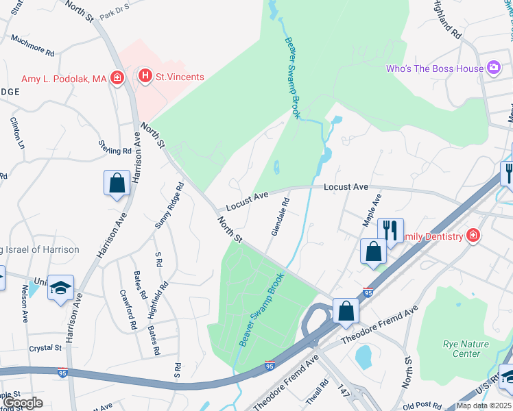 map of restaurants, bars, coffee shops, grocery stores, and more near 10 Amelia Earhart Lane in Rye