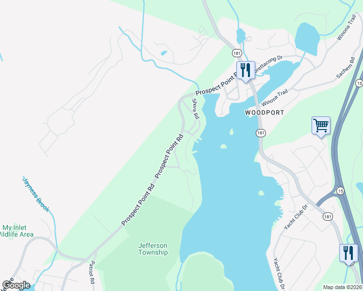 map of restaurants, bars, coffee shops, grocery stores, and more near 18 Shore Road in Jefferson
