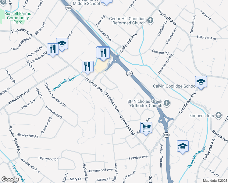 map of restaurants, bars, coffee shops, grocery stores, and more near 133 Brewster Road in Wyckoff