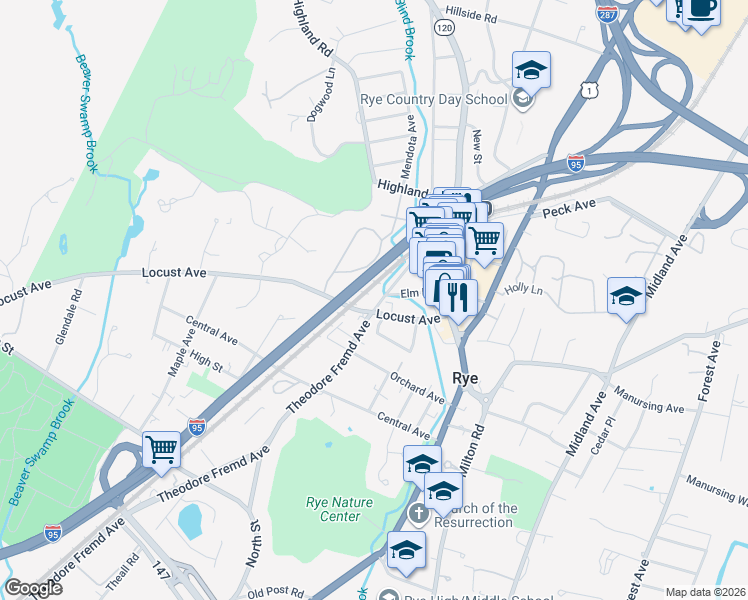 map of restaurants, bars, coffee shops, grocery stores, and more near 69 Theodore Fremd Avenue in Rye