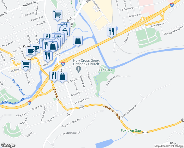 map of restaurants, bars, coffee shops, grocery stores, and more near Collins Street in Stroudsburg