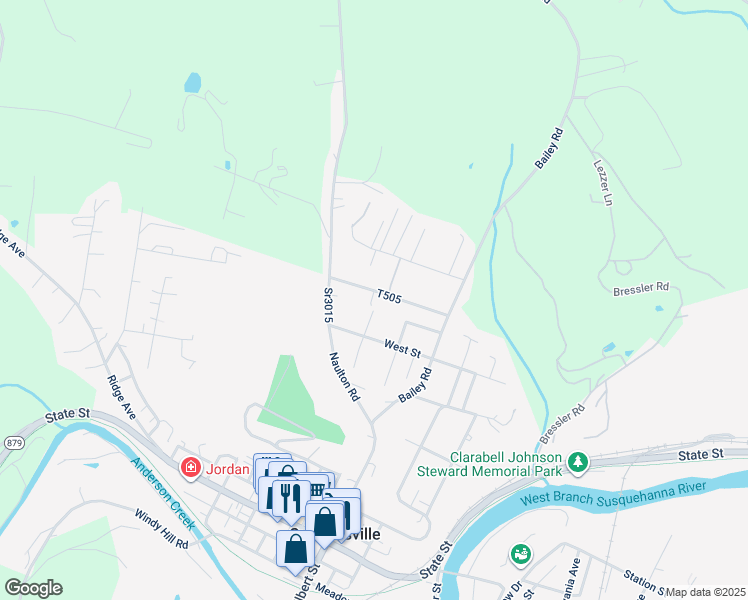 map of restaurants, bars, coffee shops, grocery stores, and more near 139 East Street in Curwensville