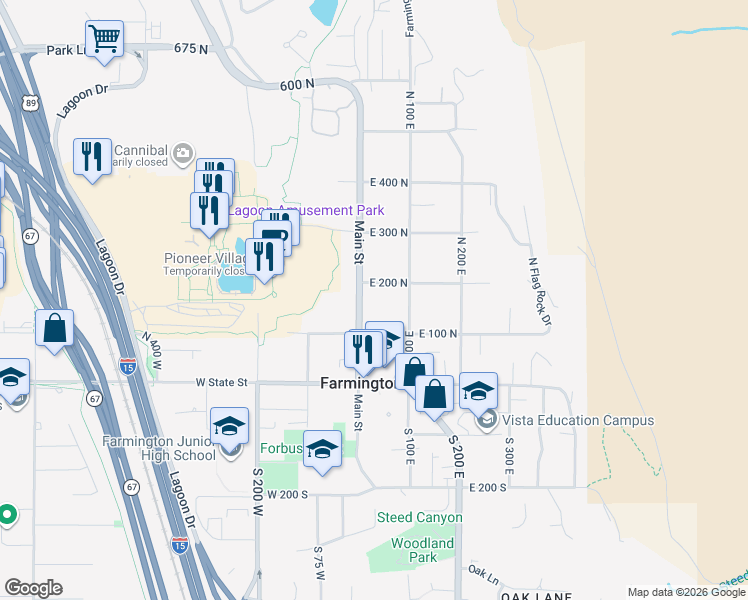 map of restaurants, bars, coffee shops, grocery stores, and more near 158 Utah 106 in Farmington