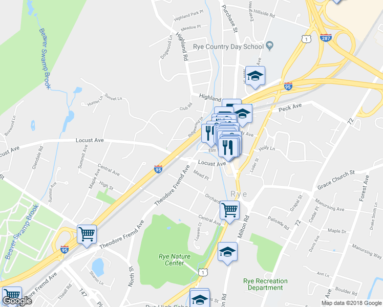 map of restaurants, bars, coffee shops, grocery stores, and more near 69 Theodore Fremd Avenue in Rye