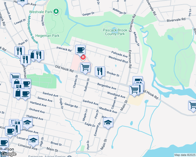 map of restaurants, bars, coffee shops, grocery stores, and more near 285 Old Hook Rd in Westwood