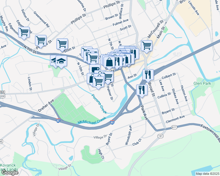 map of restaurants, bars, coffee shops, grocery stores, and more near 126-138 South 8th Street in Stroudsburg