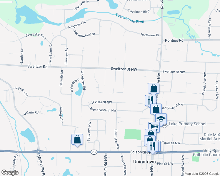 map of restaurants, bars, coffee shops, grocery stores, and more near 13568 Christine Circle in Uniontown