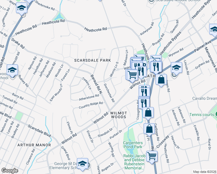 map of restaurants, bars, coffee shops, grocery stores, and more near 59 Dorchester Road in Scarsdale