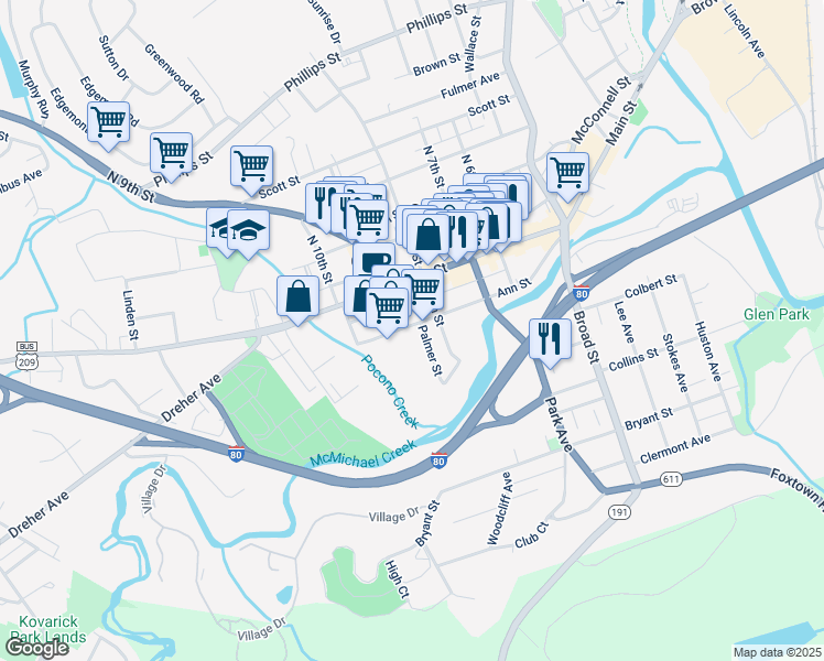 map of restaurants, bars, coffee shops, grocery stores, and more near 819 Ann St in Stroudsburg