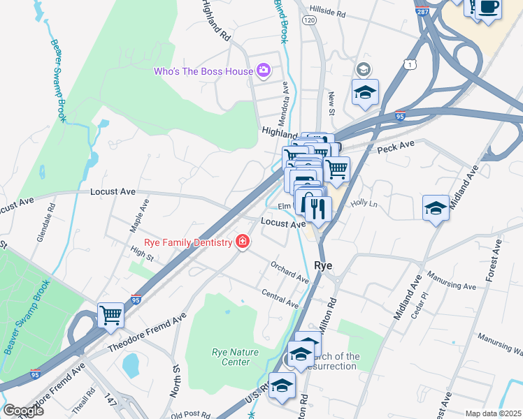 map of restaurants, bars, coffee shops, grocery stores, and more near 68 Theodore Fremd Avenue in Rye