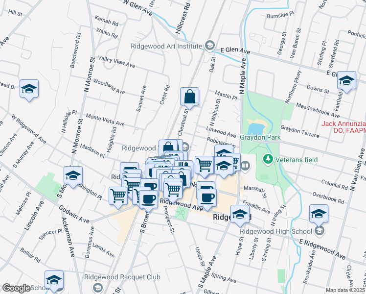 map of restaurants, bars, coffee shops, grocery stores, and more near 112 Oak St in Ridgewood