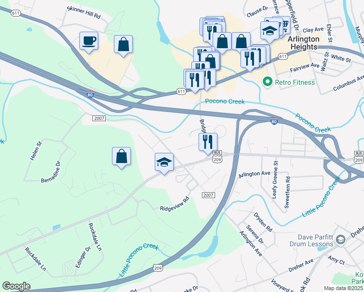 map of restaurants, bars, coffee shops, grocery stores, and more near 2060 Miller Street in Stroudsburg