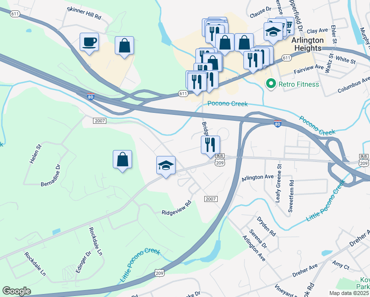 map of restaurants, bars, coffee shops, grocery stores, and more near 2054 Miller Street in Stroudsburg