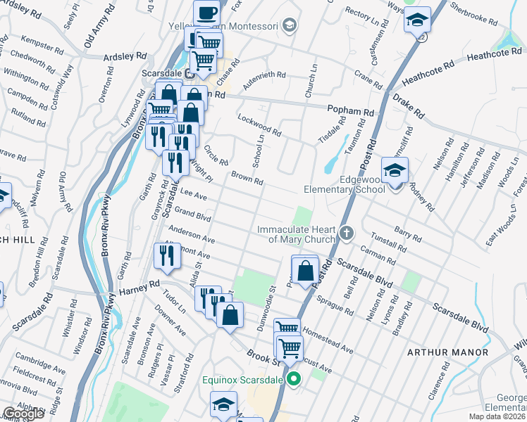 map of restaurants, bars, coffee shops, grocery stores, and more near 108 Lee Road in Scarsdale